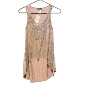 Daytrip Buckle Taupe Lace Rhinestone High Low Scoop Neck Tank Top  Womens Medium